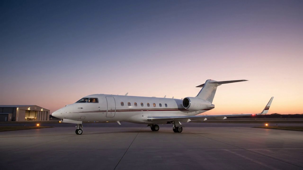 Private jet parked on the apron at sunset