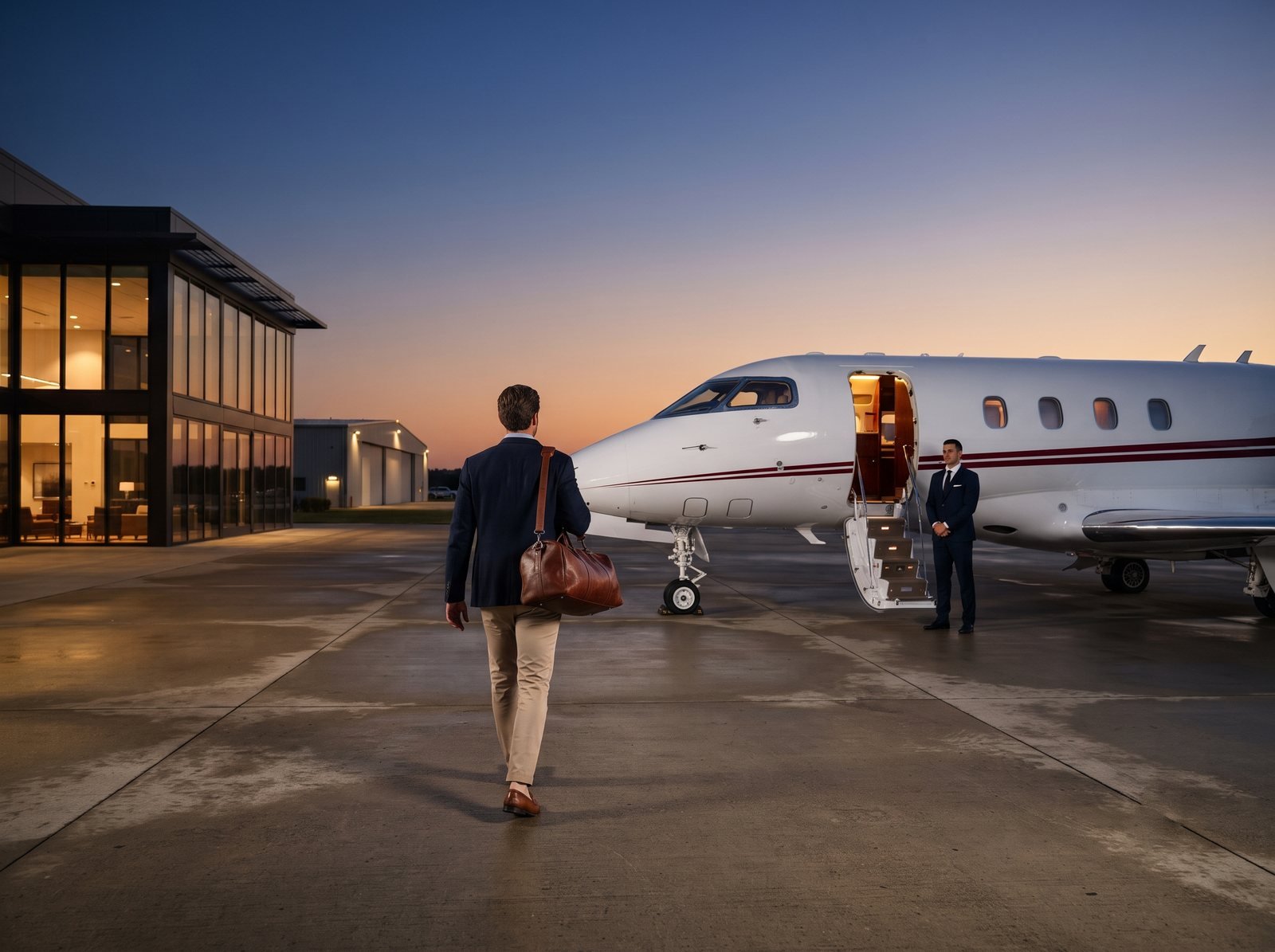 Traveller walking to a private jet at the business aviation terminal
